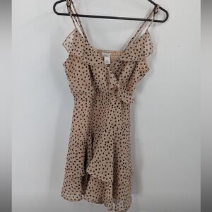 Japan women’s fit and flare, spaghetti, strap dress, Tan with black polkadots S‎